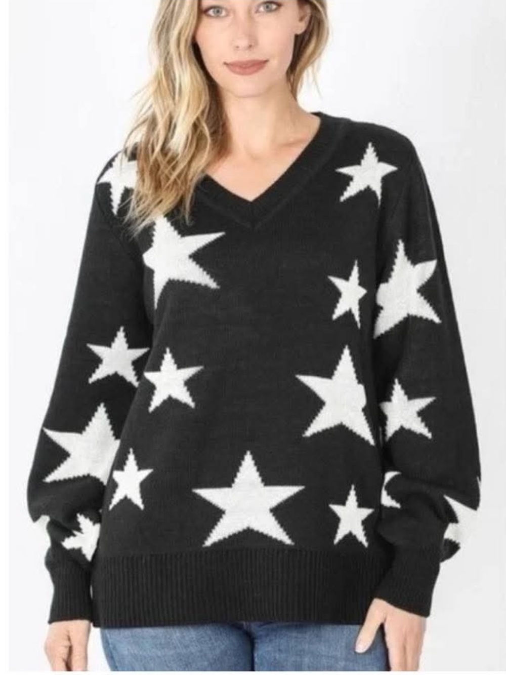 Zenana Black V-Neck Star-Print Sweater - Size XL